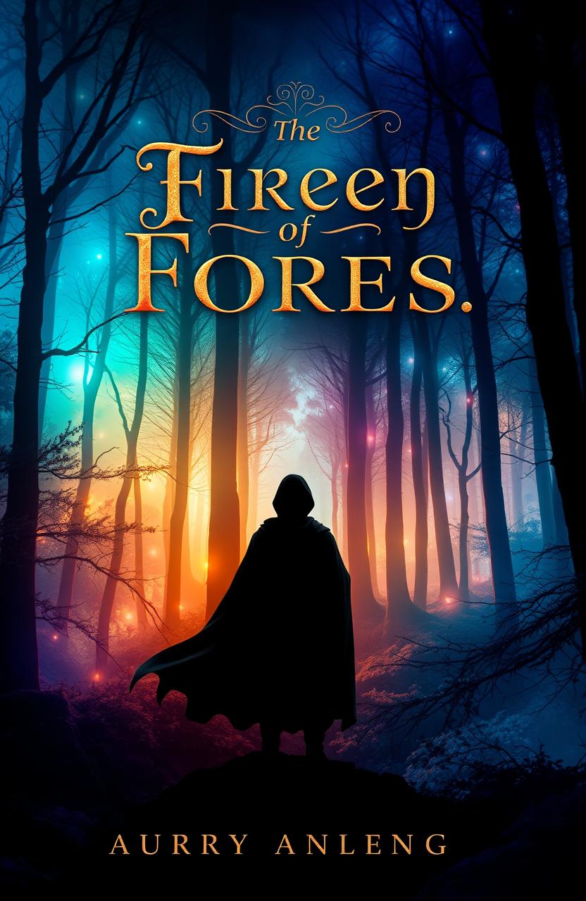 A captivating book cover design featuring a mystical forest with vibrant colors, where ethereal lights float among the trees
