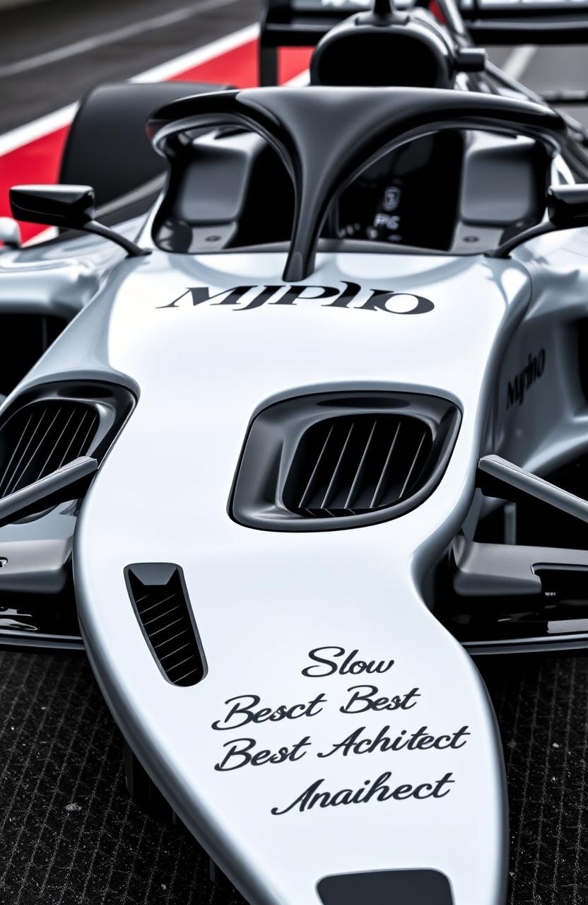 A Formula 1 car showcasing a sleek and modern design, featuring striking black grills with a glossy silver outline