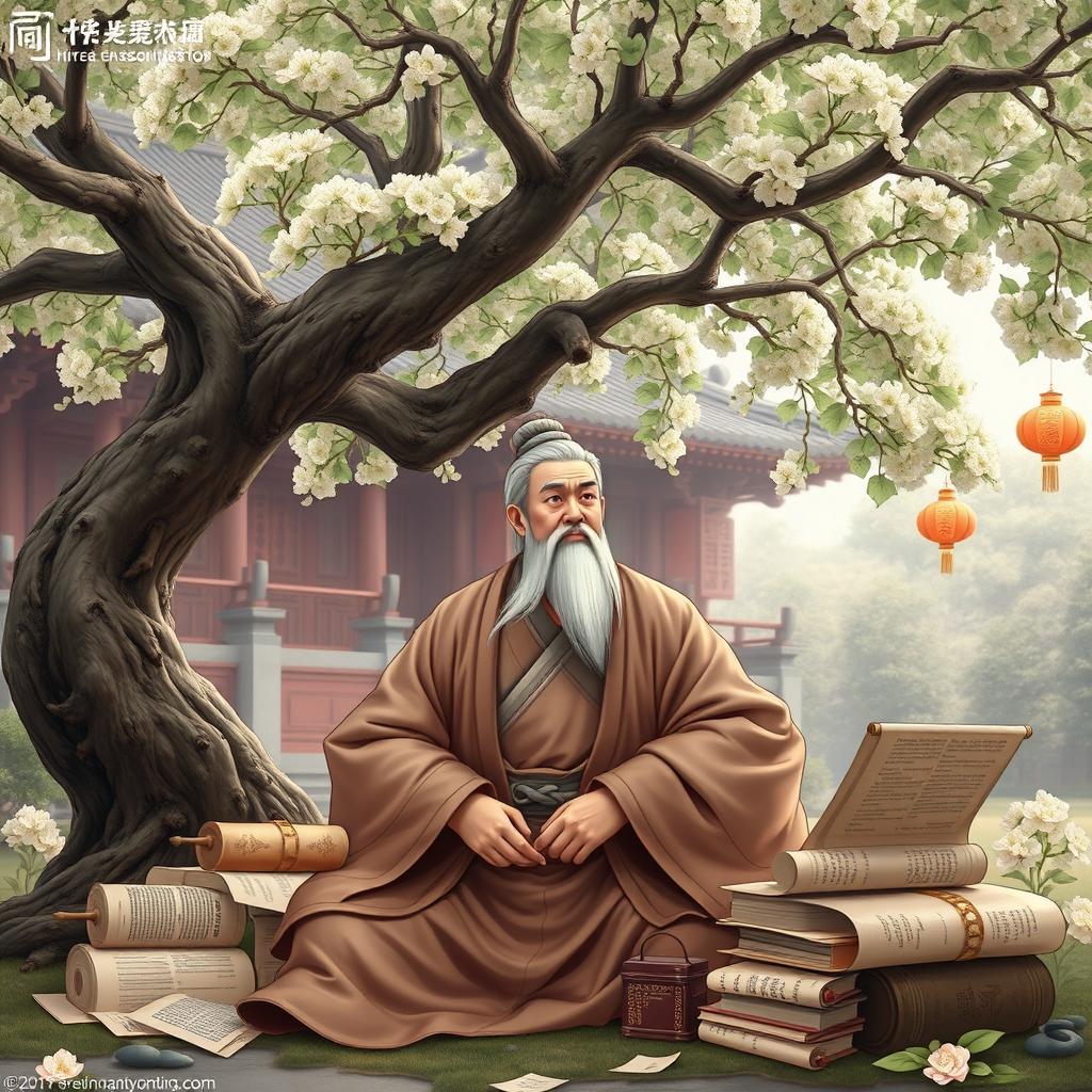A serene and contemplative ancient Chinese scholar, representing Confucius (Khổng Tử), dressed in traditional Han dynasty robes, sitting under a large ginkgo tree in a peaceful garden