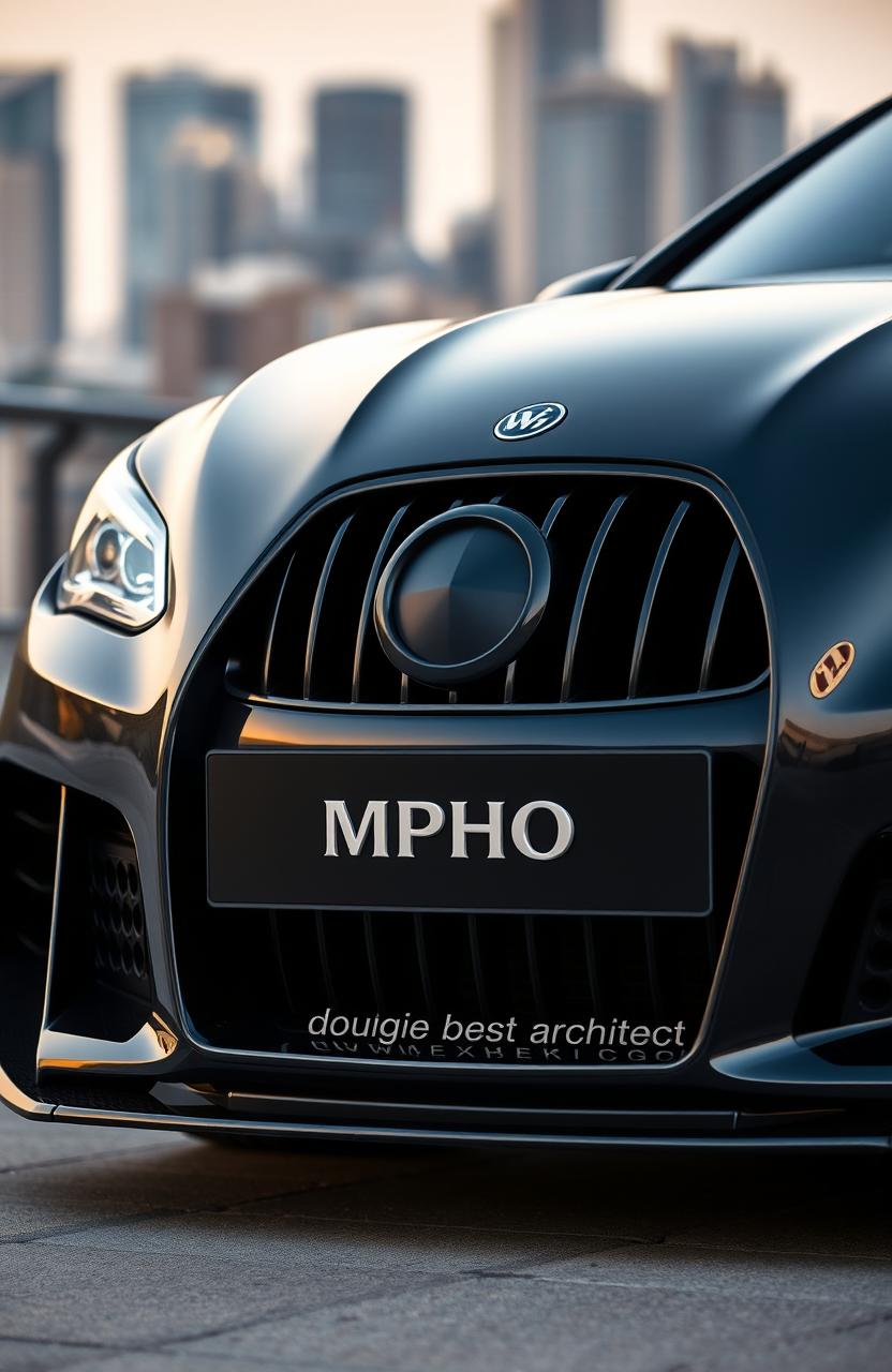 A sleek and stylish car featuring a striking design with black grills that have a shimmering silver outlining