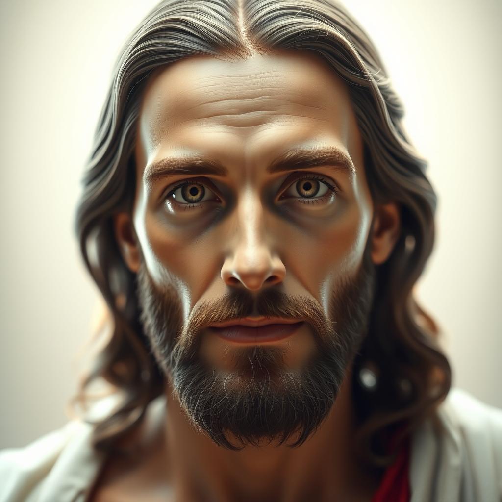 A serene and welcoming depiction of Jesus Christ, looking directly at the camera at the center of the image with a serene expression that conveys a sense of closeness and connection