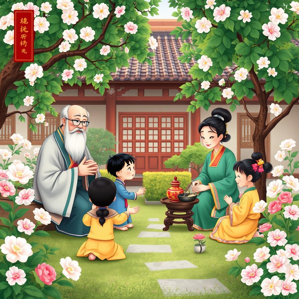 A traditional Chinese scene illustrating the concept of 'Tề Gia Trị Quốc', depicting a harmonious family life in a serene courtyard garden