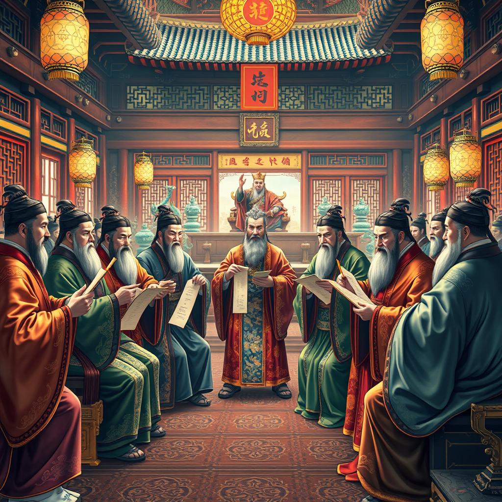 A vivid depiction of the scholarly officials (Quan Văn) in a Chinese imperial court during the Ming dynasty