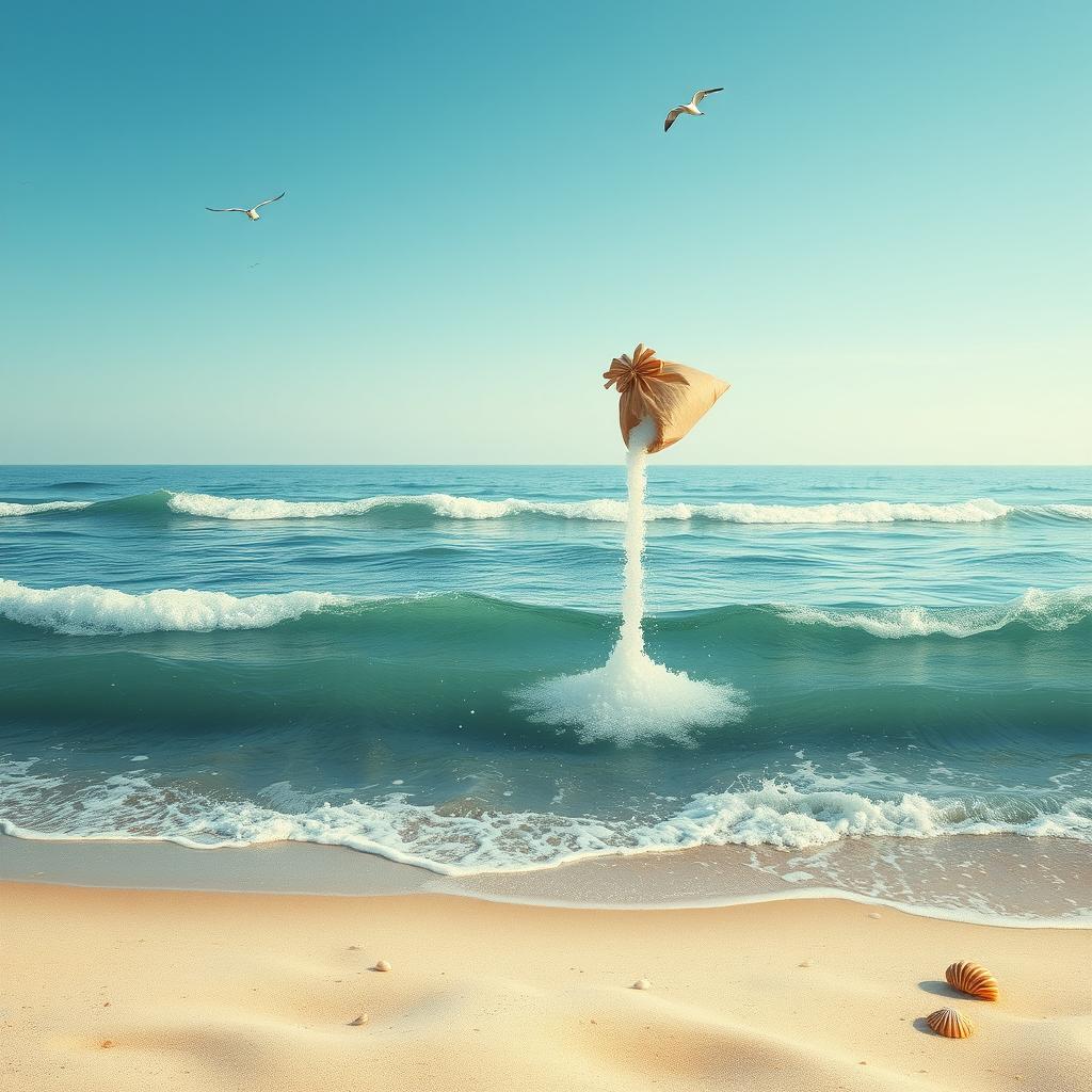 A surreal and artistic representation of the phrase 'Đem muối bỏ vào biển', depicting a vast ocean with waves lapping gently against the shore, while a figure is seen pouring a bag of salt into the water