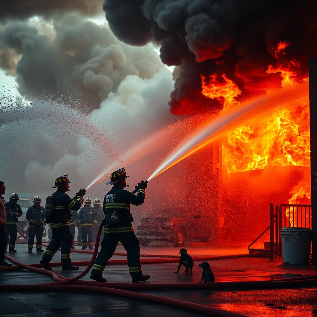A dramatic and dynamic scene depicting water being used to extinguish a fire