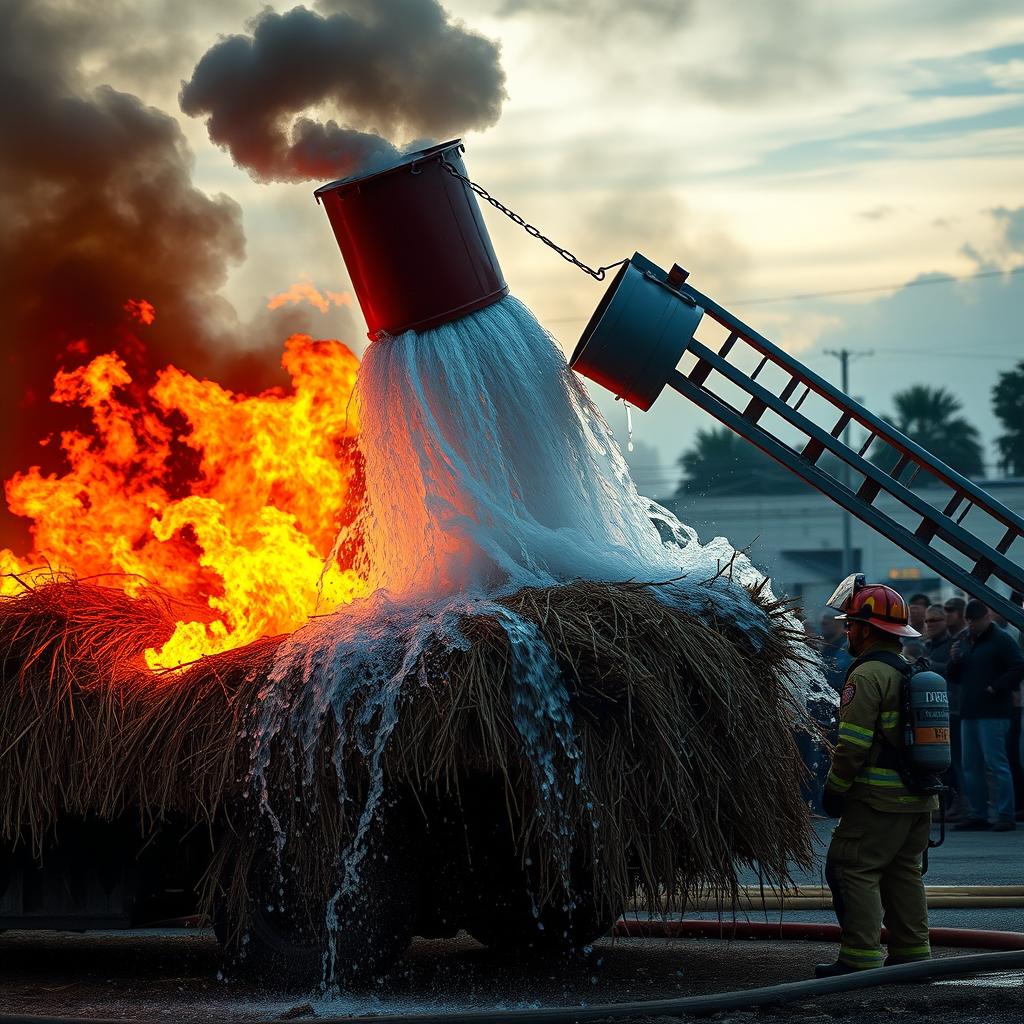 A dramatic scene depicting a fire being extinguished with a bucket of water on a blazing straw truck