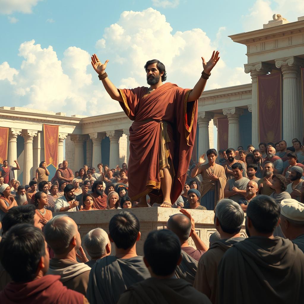 A captivating historical scene depicting an ancient orator passionately delivering a speech to a large crowd