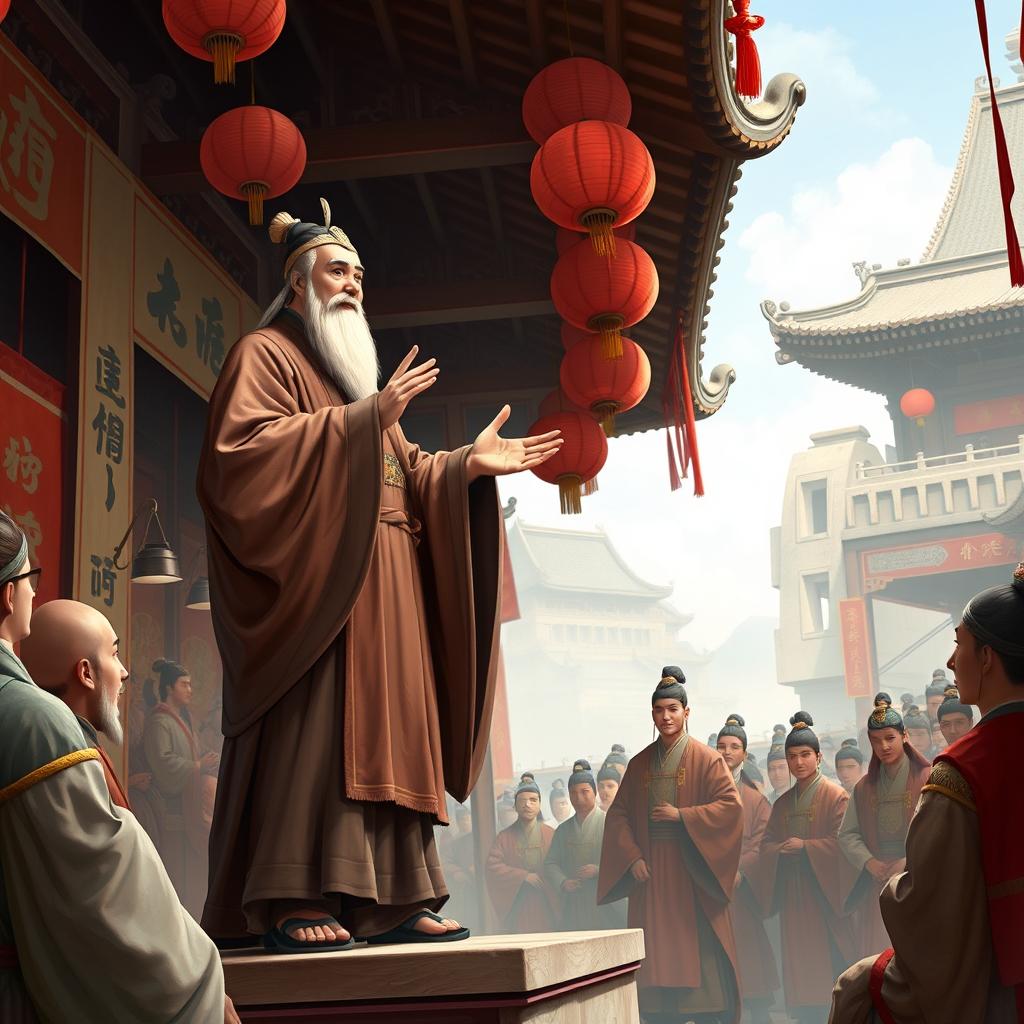 A historical depiction of the philosopher Mencius (Mạnh Tử) speaking eloquently before a large audience in ancient China
