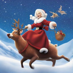 Mrs. Claus tightly holding onto Rudolph's reins, joyously riding through a winter sky on her way to the illuminated North Pole.