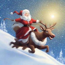 Mrs. Claus tightly holding onto Rudolph's reins, joyously riding through a winter sky on her way to the illuminated North Pole.