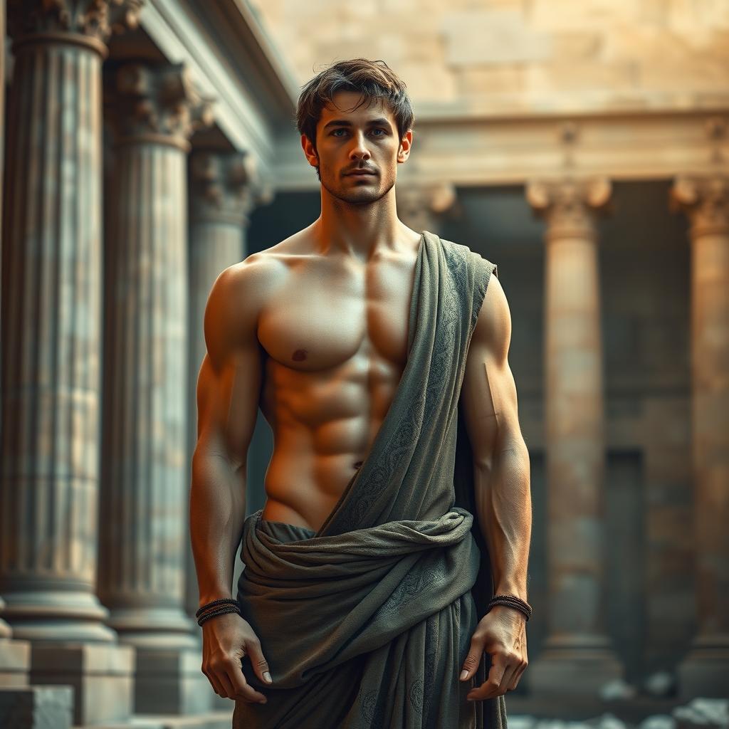 A historical depiction of the male human body from ancient times, showcasing a muscular and well-defined physique reflective of the era's ideals of strength and masculinity