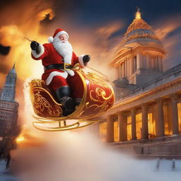 Santa Claus dynamically riding a sleigh with flames jetting out from the back, circling the architectural marvel, the Beehive building, amidst a dramatic sunset.