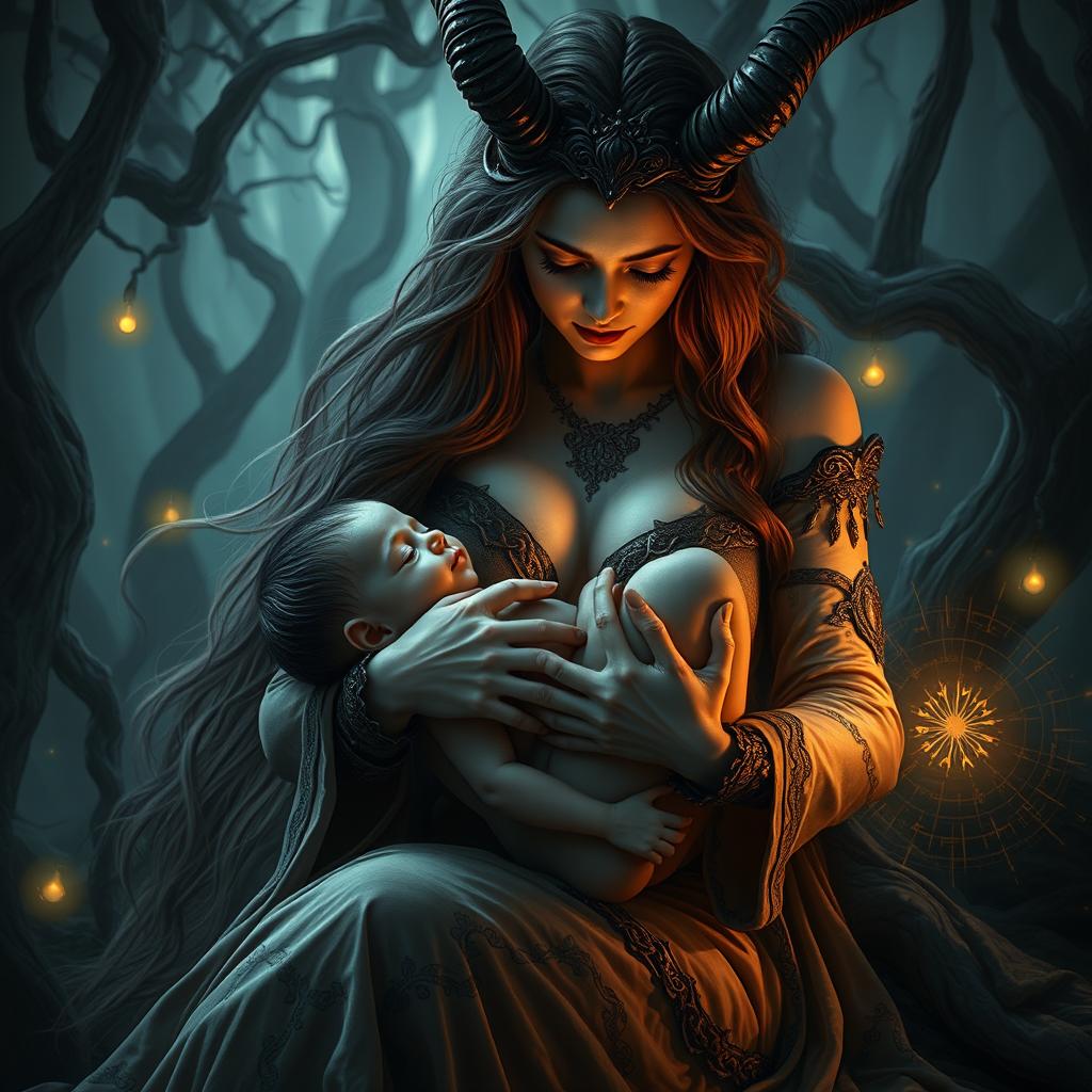 A surreal and darkly enchanting scene depicting Lilith, a mystical figure associated with demonic lore, gracefully breastfeeding a symbolic representation of the Antichrist