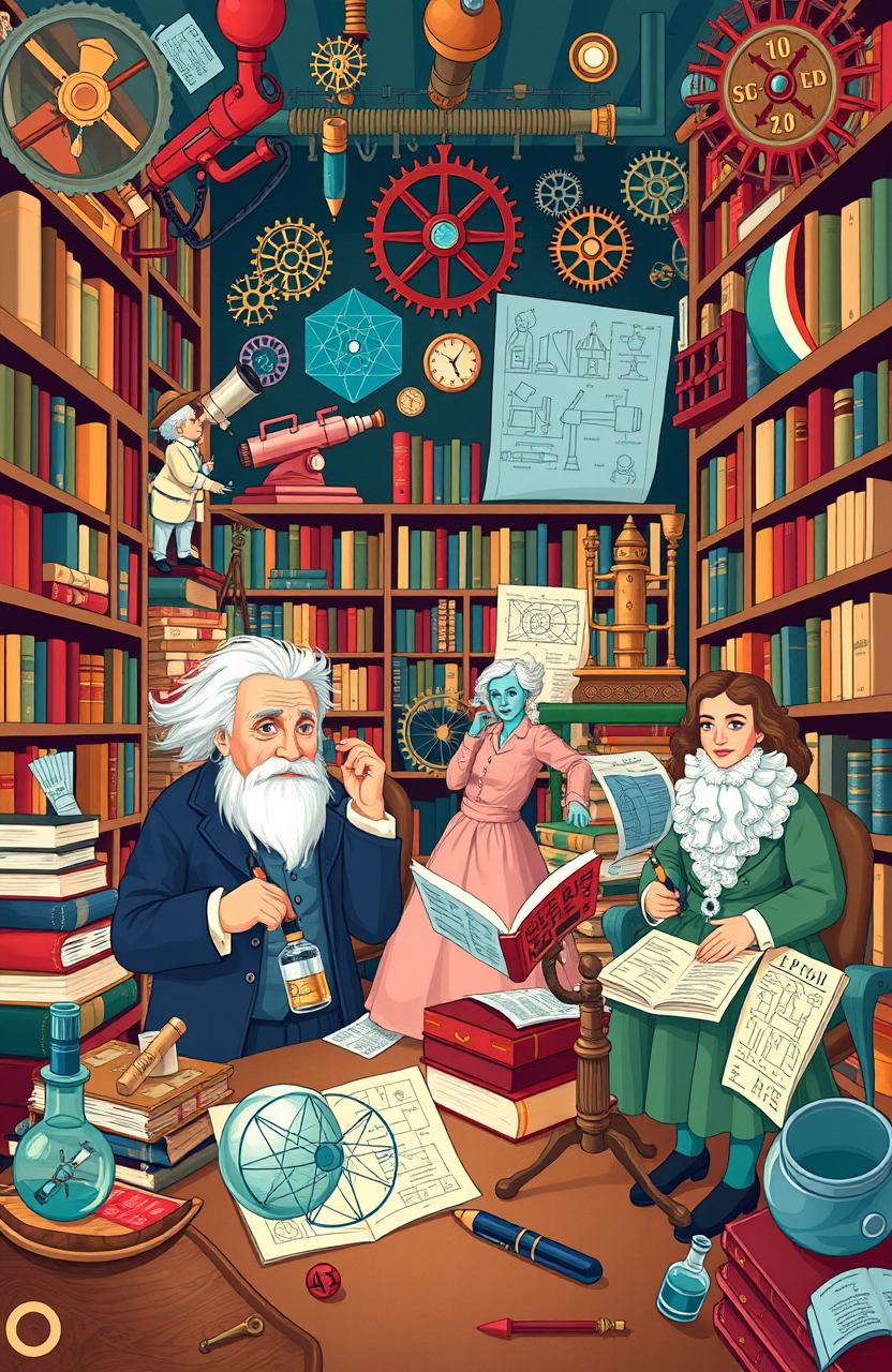 A vibrant and visually engaging illustration depicting the themes of science, inventions, and famous people throughout history