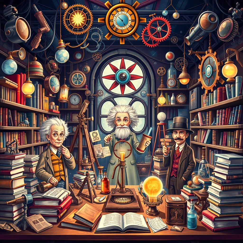 A captivating and colorful illustration representing the themes of science, inventions, and renowned historical figures