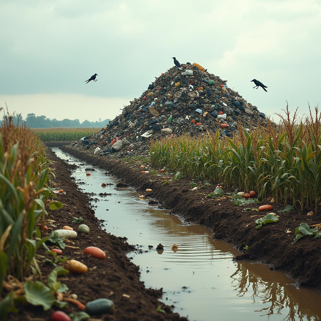 A desolate agricultural scene depicting a large, drawn pile of rotting garbage, overflowing with trash, plastic, and organic waste, contaminating the surrounding soil