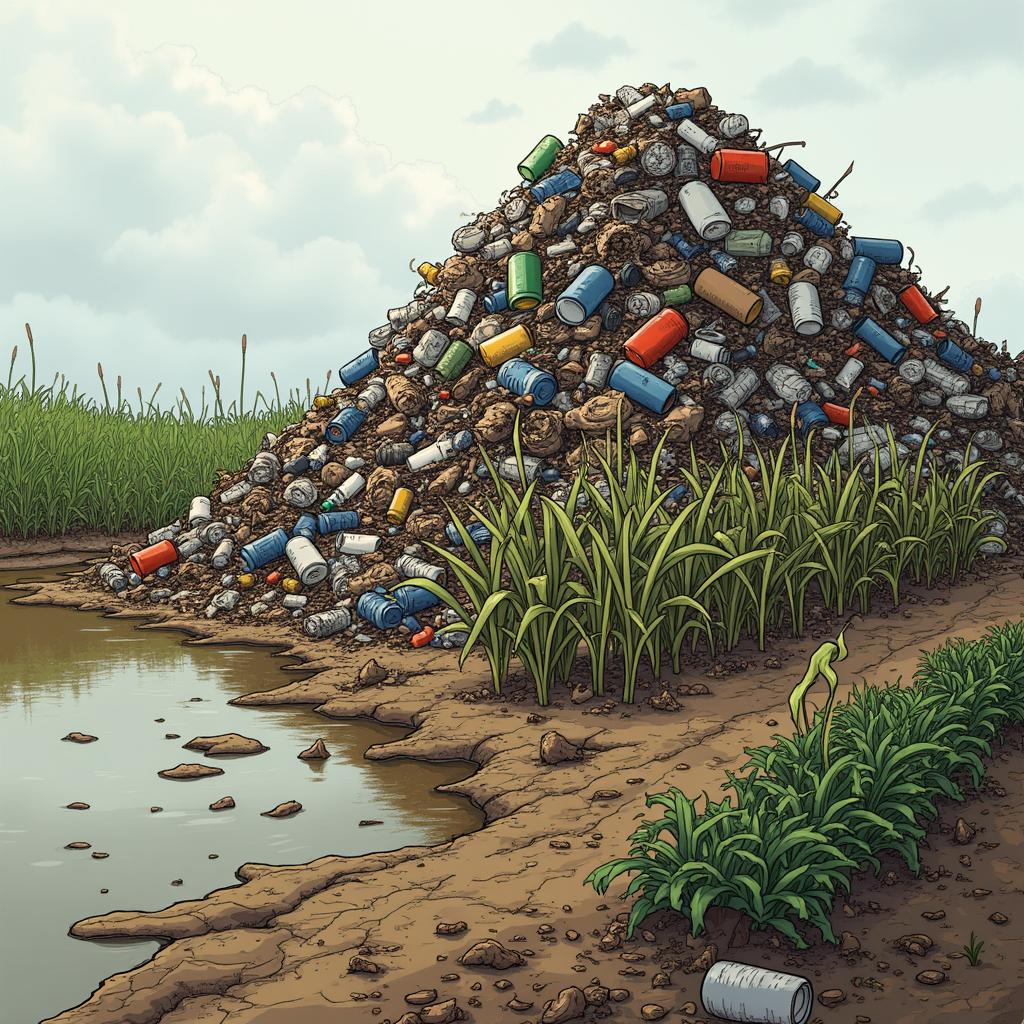 A detailed and dramatic illustration of a pile of rotting garbage contaminating the soil, water, and a vegetable garden