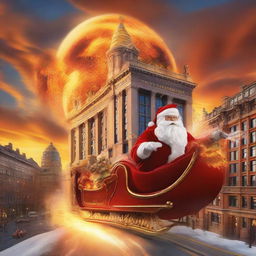 Santa Claus dynamically riding a sleigh with flames jetting out from the back, circling the architectural marvel, the Beehive building, amidst a dramatic sunset.