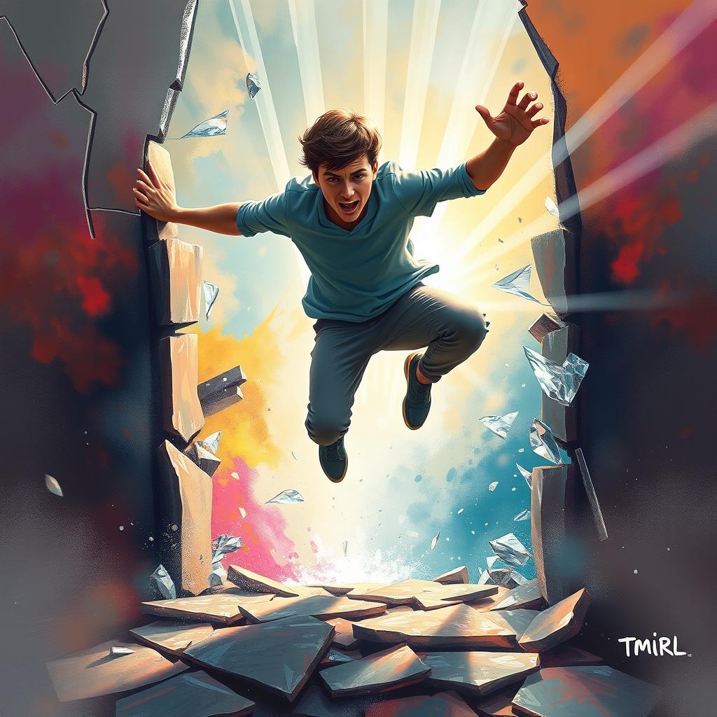 An inspiring depiction of a person breaking through barriers, symbolizing the triumph of the human spirit