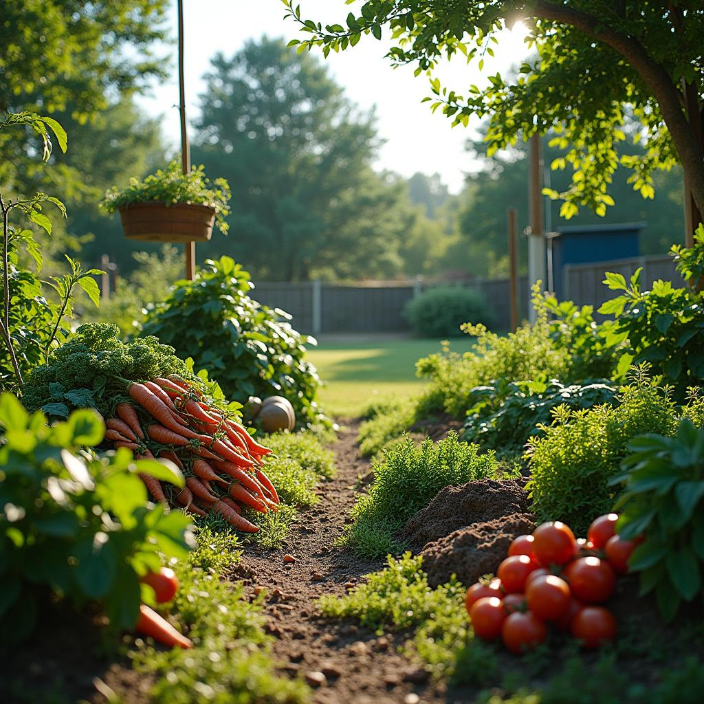 A vibrant backyard scene featuring a big garden bursting with a variety of healthy vegetables, such as tomatoes, carrots, and leafy greens, surrounded by lush greenery
