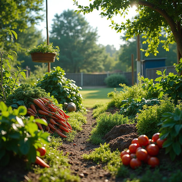 A vibrant backyard scene featuring a big garden bursting with a variety of healthy vegetables, such as tomatoes, carrots, and leafy greens, surrounded by lush greenery