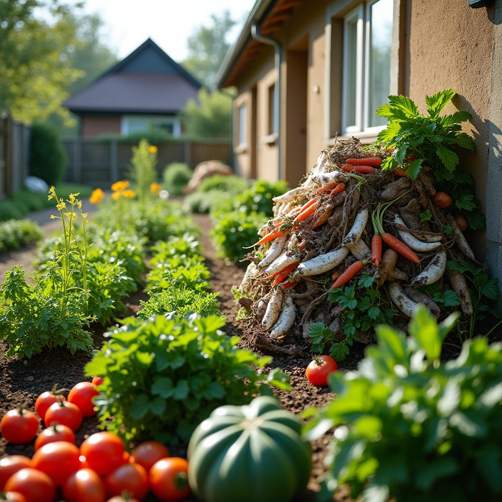 A colorful and thriving backyard scene featuring a large garden filled with an abundance of healthy vegetables like ripe tomatoes, crunchy carrots, and lush leafy greens, all flourishing under the sun's warm rays