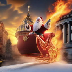 Santa Claus dynamically riding a sleigh with flames jetting out from the back, circling the architectural marvel, the Beehive building, amidst a dramatic sunset.