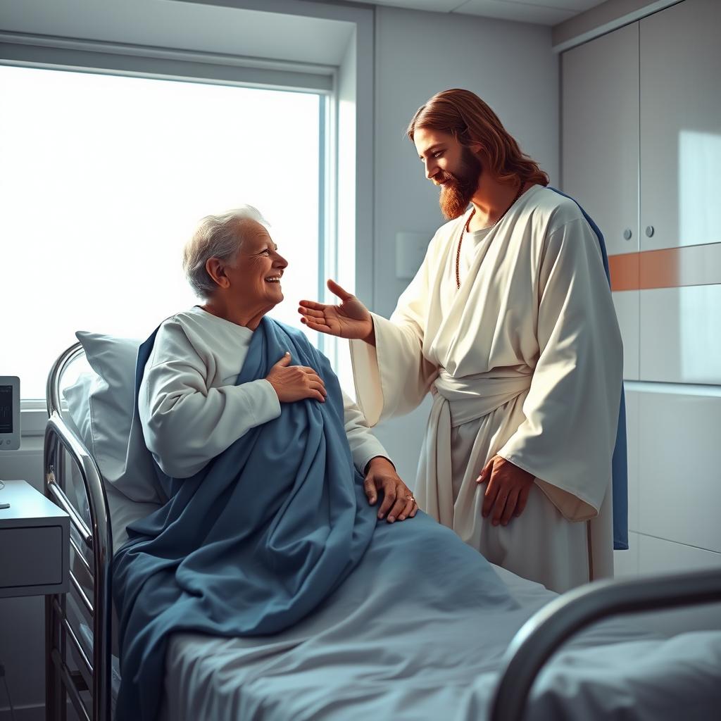 Jesus Cristo em um quarto de hospital moderno, com luz suave e ambiente calmo