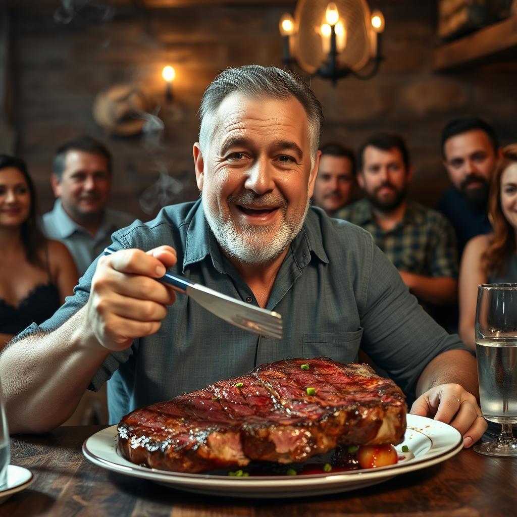 A 53-year-old man, strong and healthy, savoring a huge, juicy T-bone steak in a rustic steakhouse