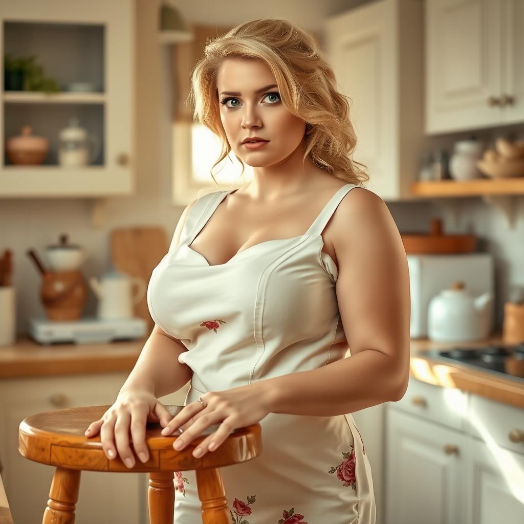 A beautiful blonde housewife with a curvy figure and ample bust, wearing a stylish domestic outfit