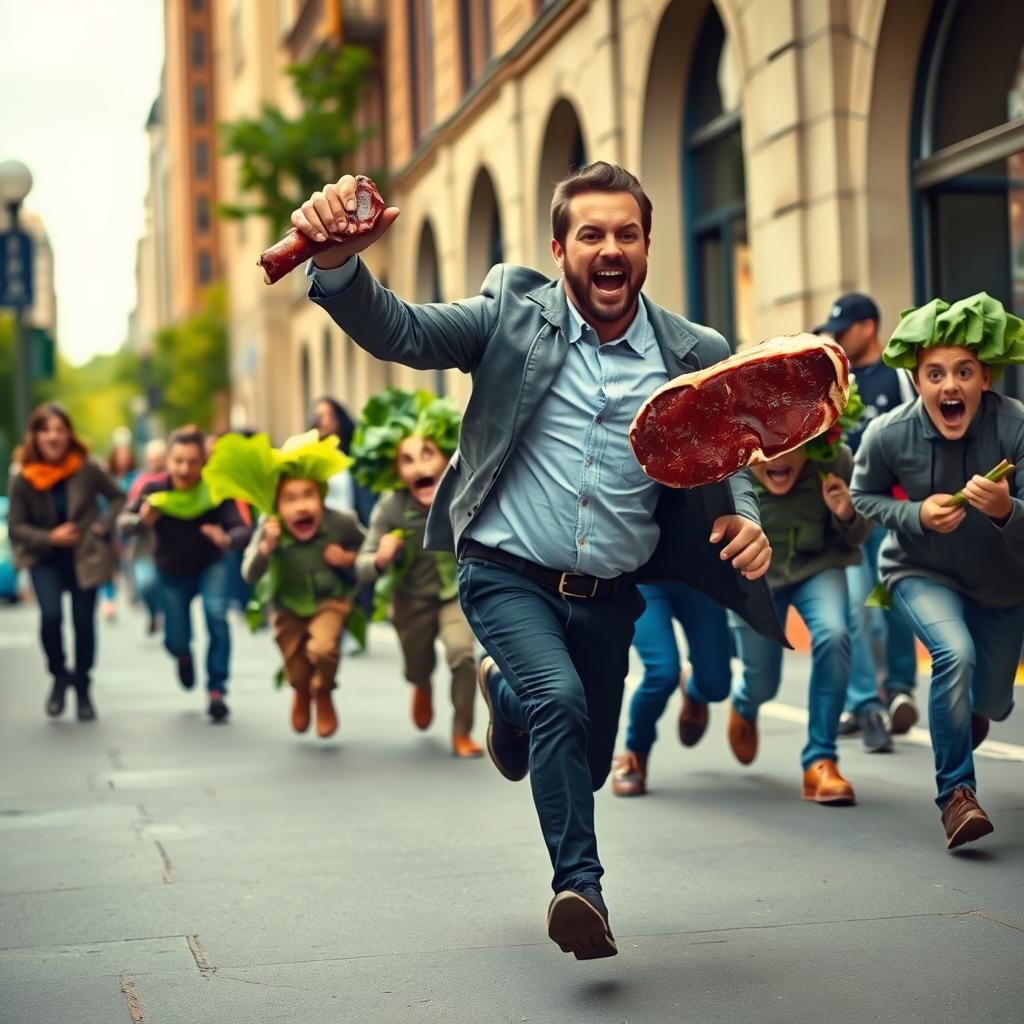 A comedic scene depicting a man running excitedly holding a juicy T-bone steak in one hand