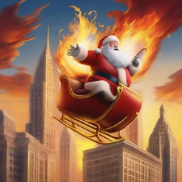 Santa Claus dynamically riding a sleigh with flames jetting out from the back, circling the architectural marvel, the Beehive building, amidst a dramatic sunset.