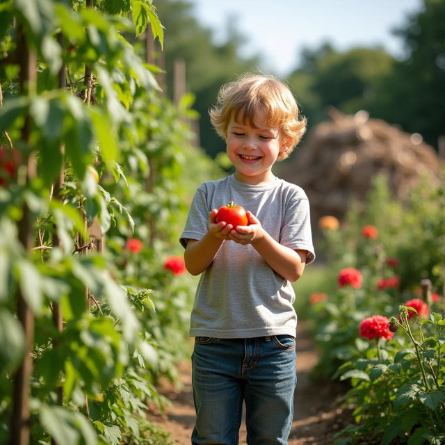 A young boy joyfully picking a ripe red tomato from his vibrant garden