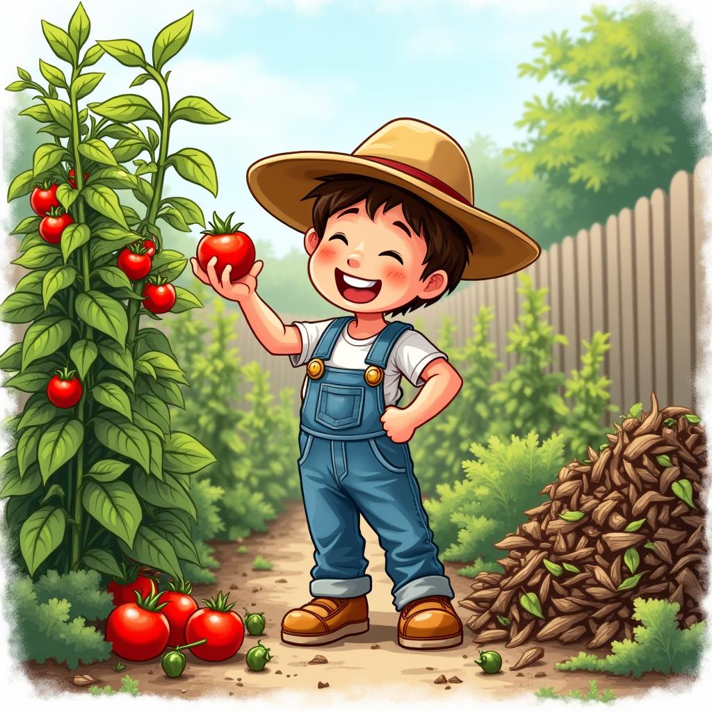 A realistic drawing of a young boy joyfully picking a ripe tomato from his home garden