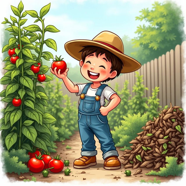 A realistic drawing of a young boy joyfully picking a ripe tomato from his home garden