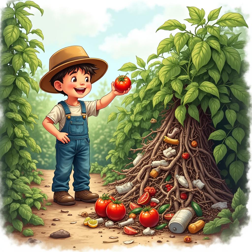 A realistic drawing of a young boy happily picking a ripe tomato from his flourishing garden
