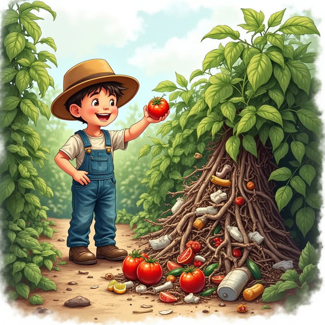 A realistic drawing of a young boy happily picking a ripe tomato from his flourishing garden