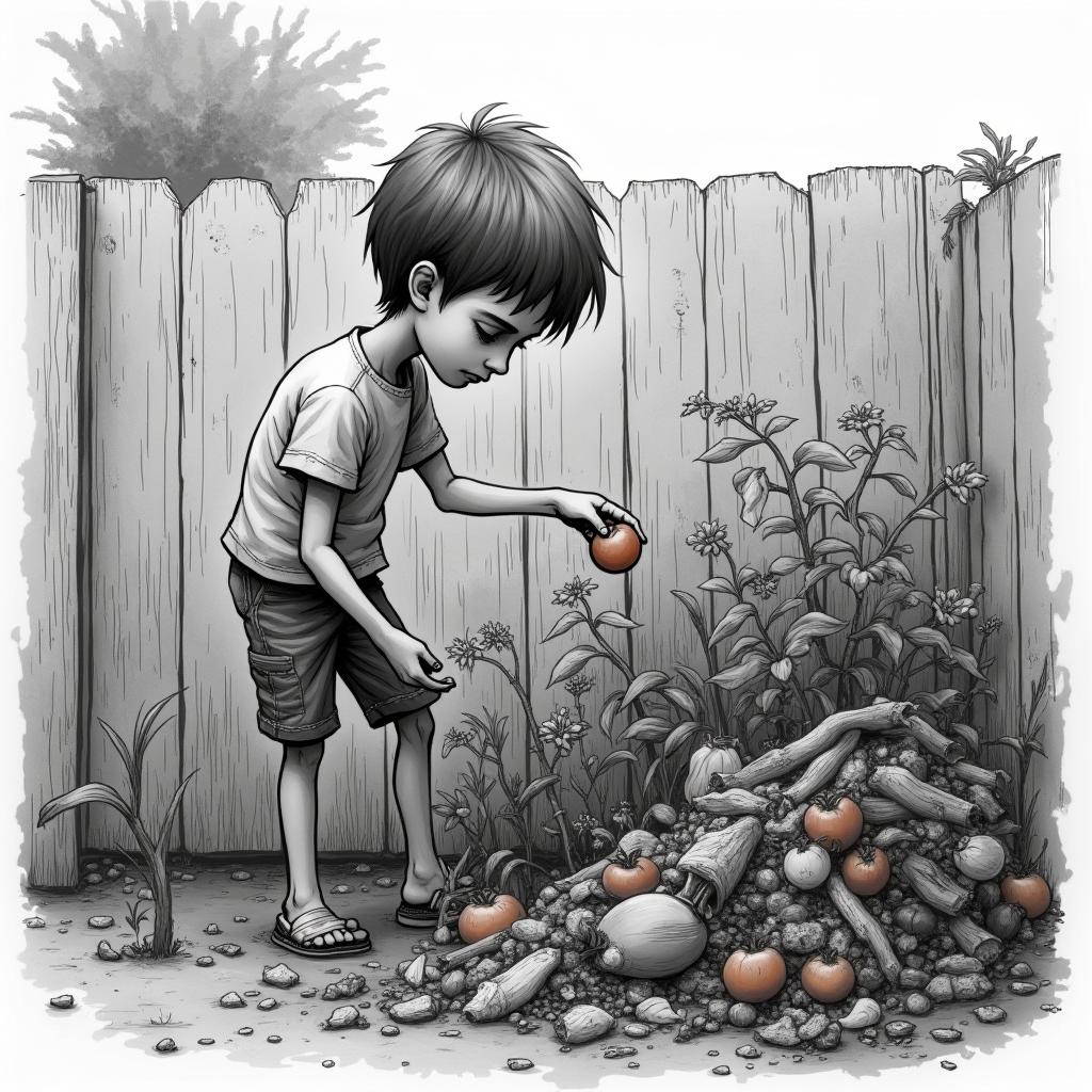 A realistic drawing of a sad boy picking a solitary tomato from his garden, portraying a sense of melancholy