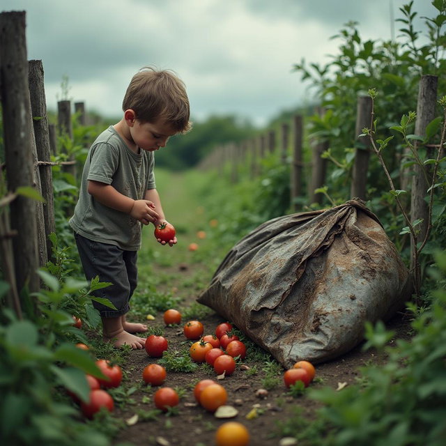 A melancholic scene featuring a sad young boy with a forlorn expression, gently picking a ripe tomato from a lush garden