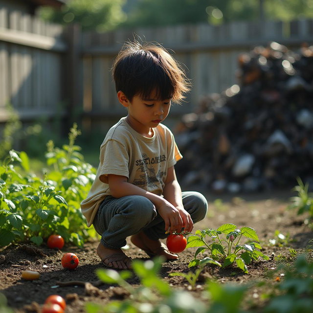A poignant scene in a backyard where a sad boy, wearing a worn t-shirt and jeans, is gently picking a ripe tomato from his small garden filled with vibrant green plants