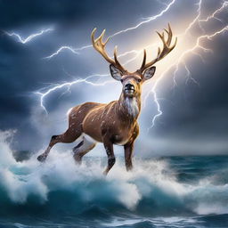 An electrifying image of Rudolph the red-nosed reindeer courageously rising from the depths of the tumultuous ocean, with dramatic flashes of lightning in the background.