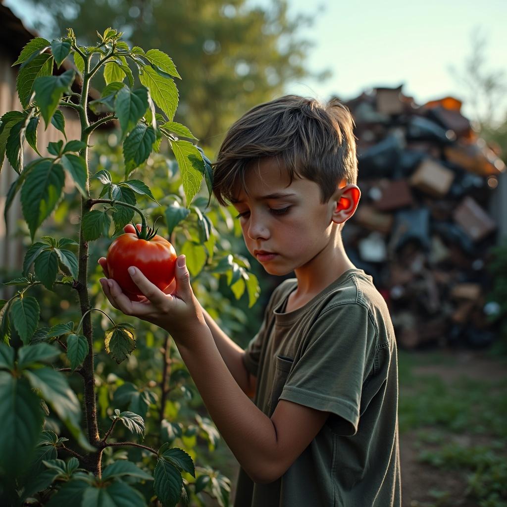 A melancholic scene of a sad boy in his backyard gently picking a ripe tomato from his carefully tended garden