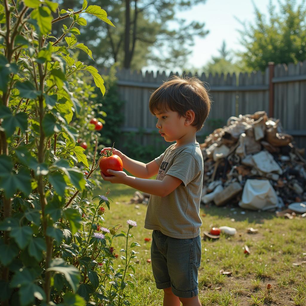 A melancholic scene of a sad boy in his backyard, gently picking a ripe tomato from his flourishing garden