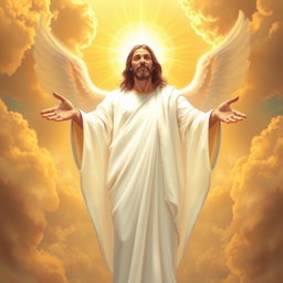 A heavenly and inspiring image of Jesus Christ dressed in a bright white robe, illuminated by divine light