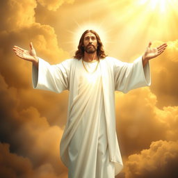 A heavenly and inspiring image of Jesus Christ dressed in a bright white robe, illuminated by divine light