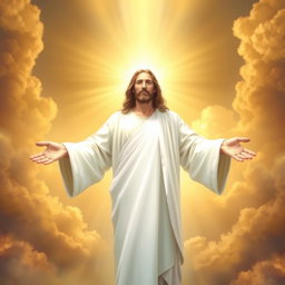 A heavenly and inspiring image of Jesus Christ dressed in a bright white robe, illuminated by divine light