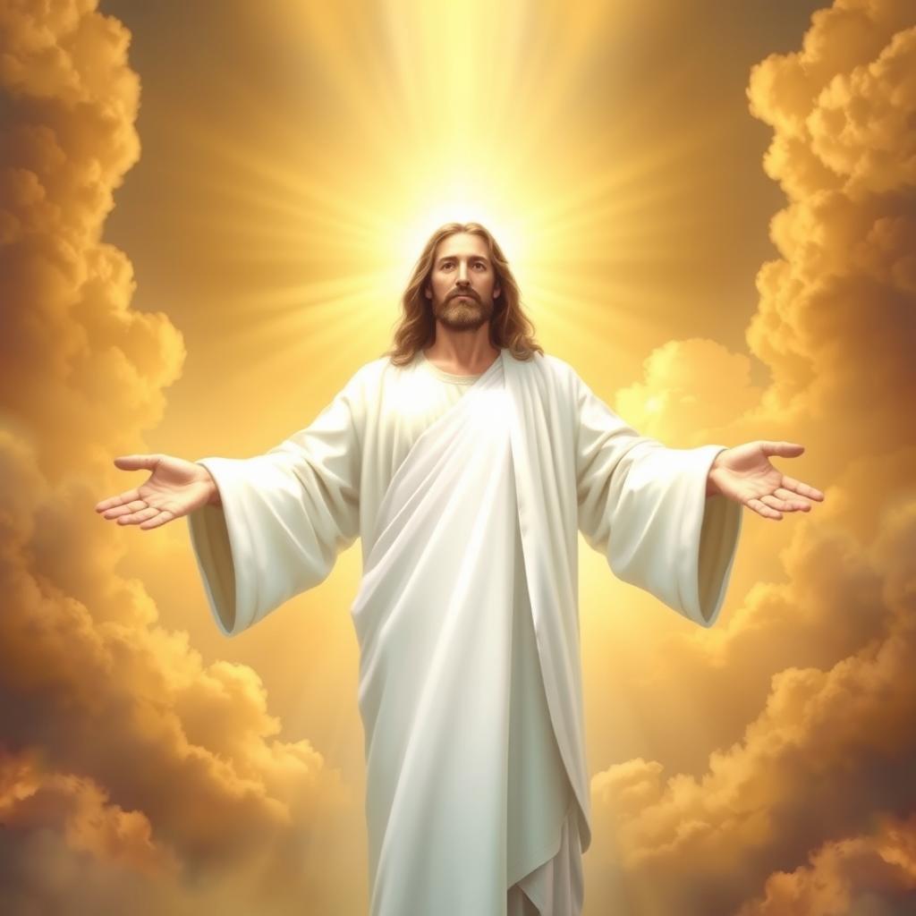 A heavenly and inspiring image of Jesus Christ dressed in a bright white robe, illuminated by divine light