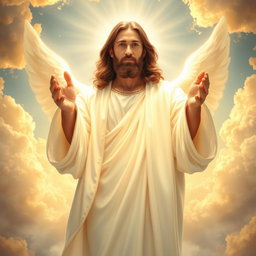 A heavenly and inspiring image of Jesus Christ dressed in a bright white robe, illuminated by divine light