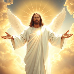 A heavenly and inspiring image of Jesus Christ dressed in a bright white robe, illuminated by divine light