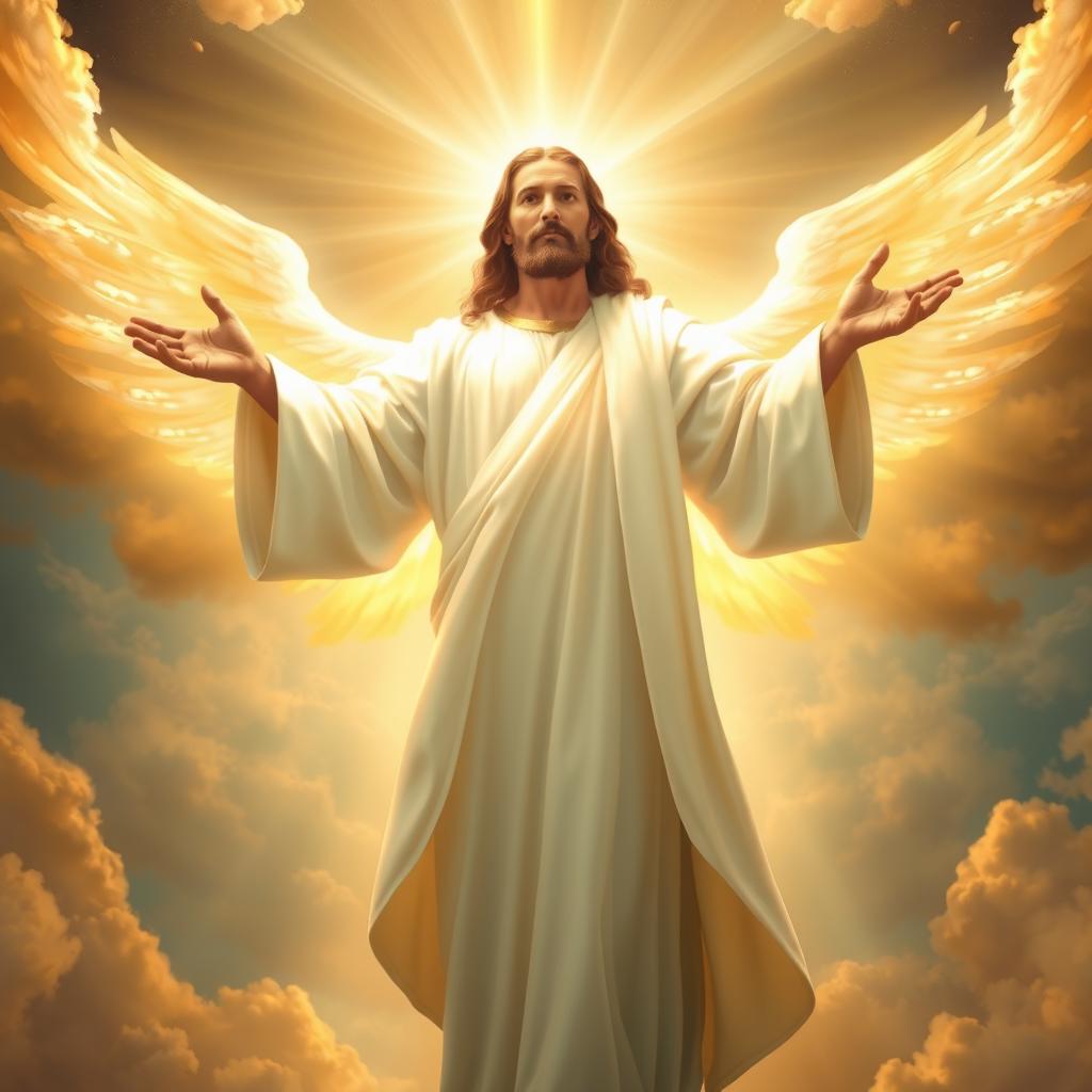 A heavenly and inspiring image of Jesus Christ dressed in a bright white robe, illuminated by divine light